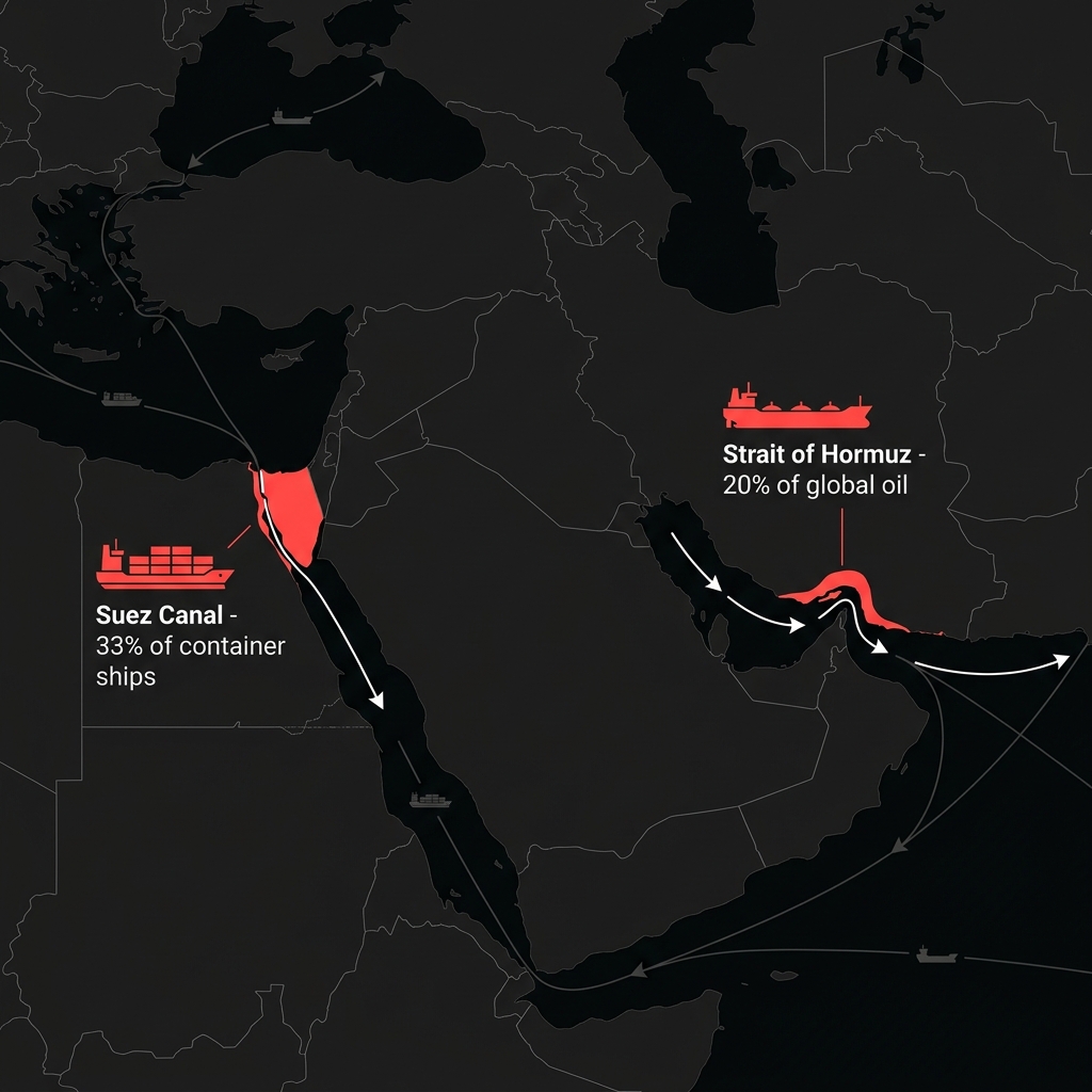 Infographic map showing the Strait of Hormuz and Suez Canal as critical maritime chokepoints