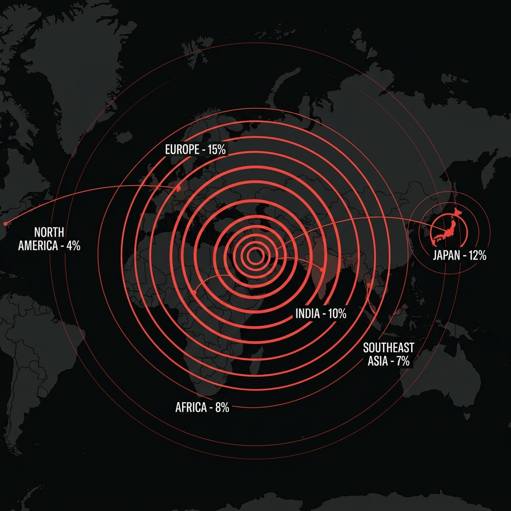World map showing economic ripple effects radiating from the Middle East to Europe, Japan, India, and beyond